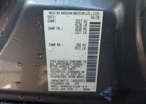 2018 Nissan Altima 2.5 Sr из США, поврежденный, VIN 1N4AL3AP7JC280501